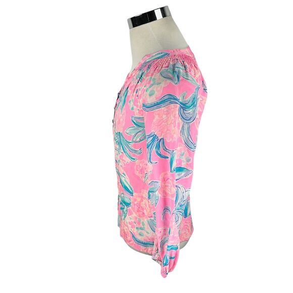 Lilly Pulitzer Elsa Blouse Top Womens XS Pink Floral Silk Split Neck Long Sleeve - Picture 3 of 10